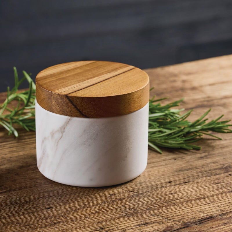 Anolon Pantryware Marble Salt Cellar with Teak Lid / Marble Salt Box with Teak Lid - 5.25 Ounce , White - Image 2